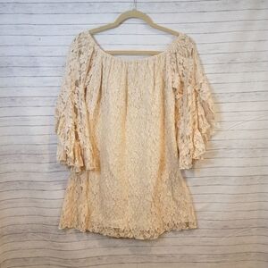ELAN OFF SHOULDER CREAM FULL LACE BOHO DRESS, 3/4 BELL SLEEVES, sz MED